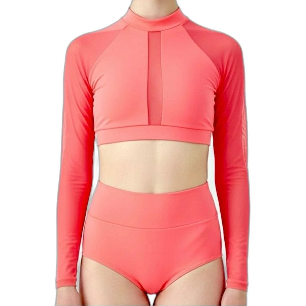 BalTogs High-Waist Mesh Crop Top and Briefs Set Coral Salmon Dance‎ Dancewear